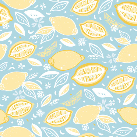 Tropical seamless pattern with yellow lemons. Fruit repeated background. Vector bright print for fabric or wallpaperのイラスト素材