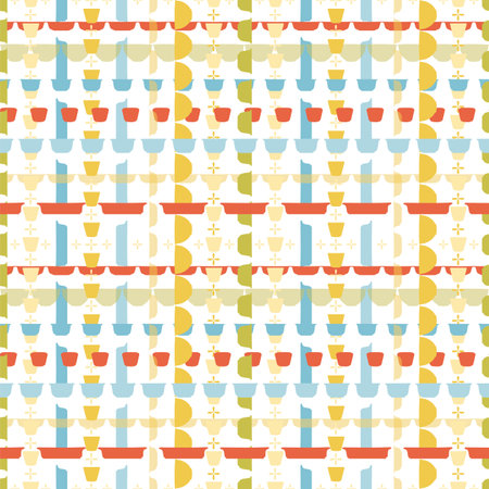 Retro geometric check kitchen utensil pattern. Seamless vector background. Colorful vintage kitchen bowl on white backgroud. For fabric, wallpaper, packaging, print. Vintage kitchen background.のイラスト素材