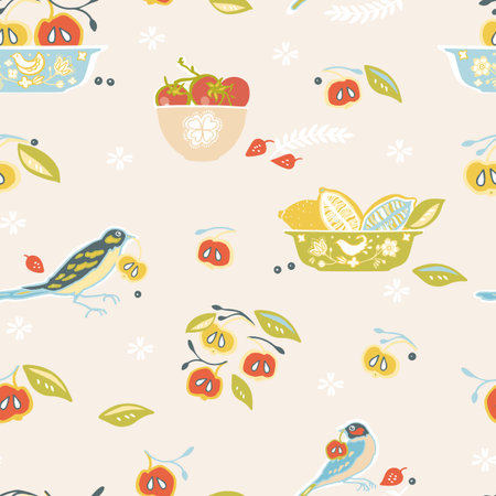 Vintage kitchen seamless pattern on dusty rose background. Retro design elements, fruit, bowl, vegetable, bird. Seamless vector pattern. For fabric, wallpaper, giftwrap or postcard designのイラスト素材