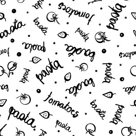 Vector tomato typo pasta pattern. Homemade delicious hand drawn noodle pattern with tomatoe and typography. Yummy design for restaurant, kitchen, menu card, cookery and food packaging.のイラスト素材