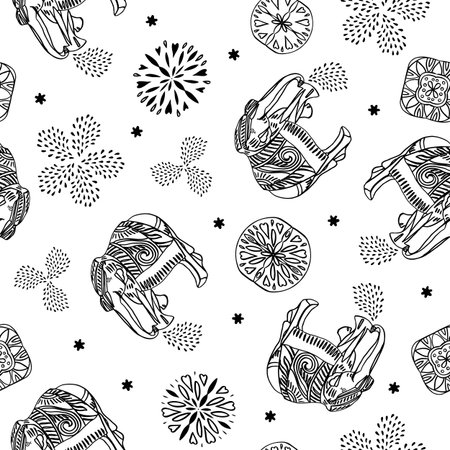 Vector indian doodle boho splashing elephant pattern on white background. Folk art ornament. Tribal line art animal pattern. Surface pattern design.のイラスト素材