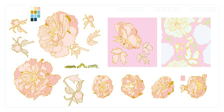 Vector luxury pink peony blossom icon set. Realistic peony flower illustration set in dusty pink. Elegant background. Botany set. Seamless pattern bonus.のイラスト素材