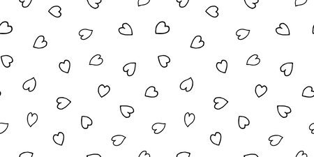 Vector line art doodle heart pattern with thin black outline heart shape on white background. Birthday, mothers day, valentine, romance. Surface pattern design.のイラスト素材