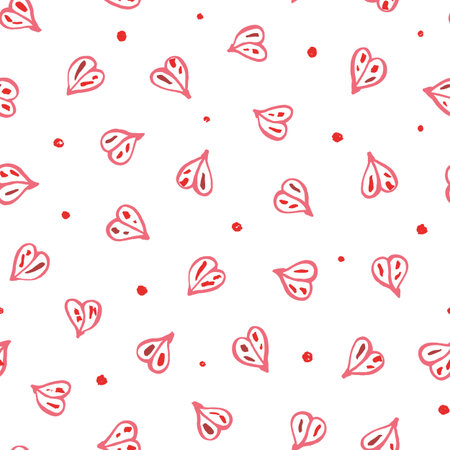 Vector doodle textured pattern with hand drawn line art heart shape on white background. Birthday,...