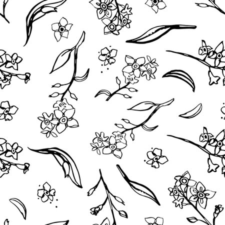 Vector elegant botany forget me not line art repeat pattern with hand drawn outline on white background. Nature background. Surface pattern design.のイラスト素材