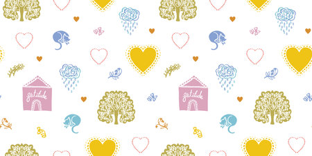 Vector doodle cozy cottage pattern, greeting card, kids, folk art, hygge design. Cut out modern pastel design on white background. Kids, baby, nursery.のイラスト素材