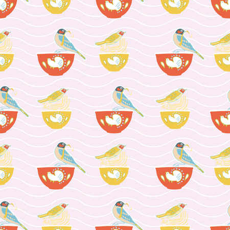 Vector geometric vintage kitchen utensil stripe pattern, cute birds and bowl, trendy design on pink background. Retro vintage. Seamless vector pattern. For fabric, wallpaper, giftwrap or postcard designのイラスト素材
