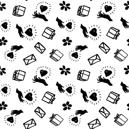 Vector birthday present seamless pattern.   linocut, doodle style signet. Wedding, mothers day, valentines, surface design . Modern  design on white background. Perfect for your event.のイラスト素材