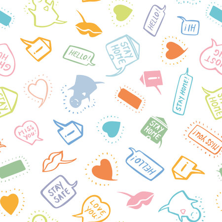 Vector social distancing comic style doodle pattern, greeting card, hand lettering, cartoon style. Cute doodle line art style. Hand written modern brush lettering white background isolated vector elementのイラスト素材