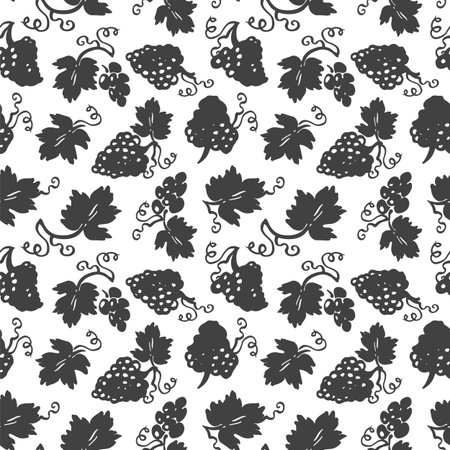 Vector lifestyle grape plant seamless horizontal border.  linocut, doodle style design. Food, packaging, surface design . Modern  design on white background. Perfect for wine lovers.のイラスト素材