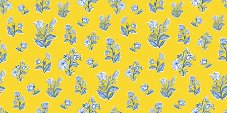 Retro antique french floral half drop pattern. Vintage line art floral bouquet design. Classic...