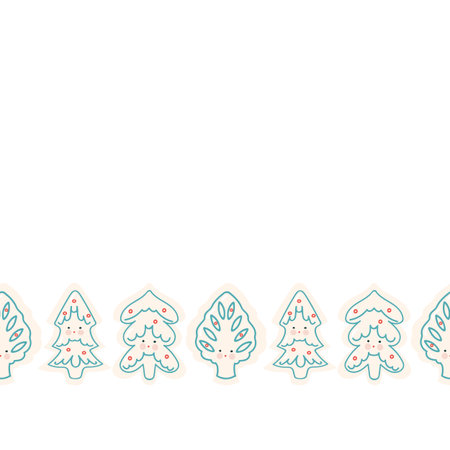 Seamless doodle cute kawaii christmas tree border. Hand drawn line art design. Food, packaging, gift wrap. Modern brush design. Perfect for your festive family event.の写真素材