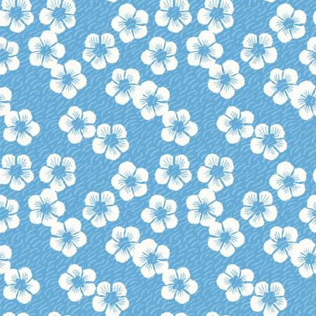 Vector Japanese blue cherry blossom seamless pattern with hand drawn florals on blue background, wavy textured. Nature background. Surface pattern design.のイラスト素材