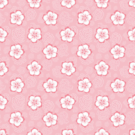Vector Japanese pink cherry blossom seamless pattern with hand drawn florals on pink background, wavy textured. Nature background. Surface pattern design.のイラスト素材