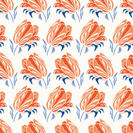 Botany Geometric Baroque Tulip Pattern. Seamless Vector Floral Background. Linocut Design. Vintage Kitchen. Kitchen Wear, Home Decor, Gift Wrap.のイラスト素材