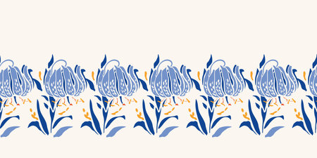 Elegant Royal Blue Lily Border. Seamless Vector Floral Background. Classic Vintage Hand Drawn Floral Design. Vintage Kitchen, Stationery, Home Decor, Fabric, Print.のイラスト素材