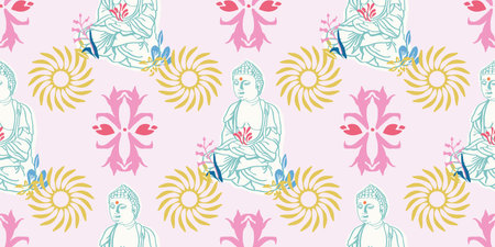 Abstract Geometric Swirl Circle Pattern. Seamless Vector Repeat Background. Calm Pastel Design With Buddha Statue. All Over Repeat. Interior Design, Lifestyle, Yoga, Meditation, Fabric, Home Decor.のイラスト素材