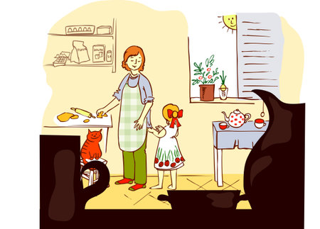 Mother and daughter in the kitchenのイラスト素材