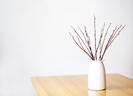 Bouquet of willow branches on a white background. Congratulatory background. Happy Easter and springの写真素材