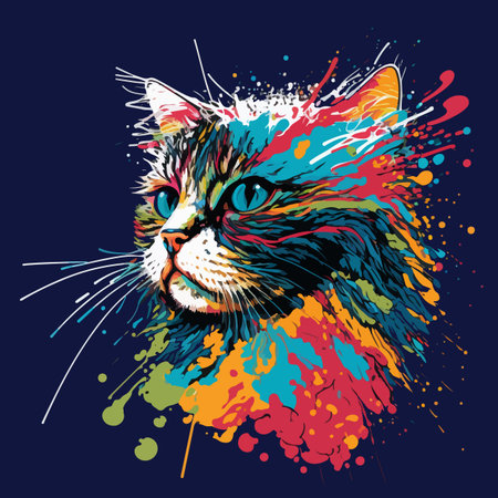Vector illustration of a cat with colorful splashes on a dark backgroundのイラスト素材