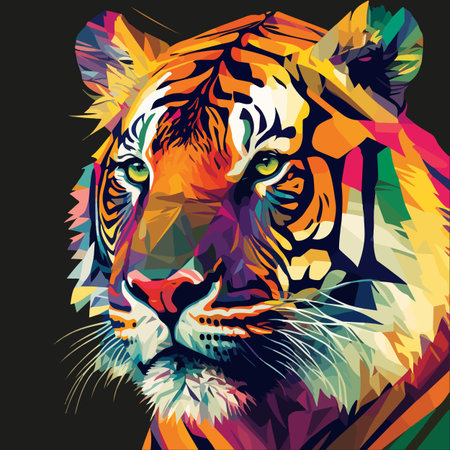 Tiger head vector illustration. Abstract colorful tiger portrait on black background.のイラスト素材