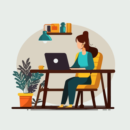 Young woman working using laptop flat cartoon vector illustrationのイラスト素材