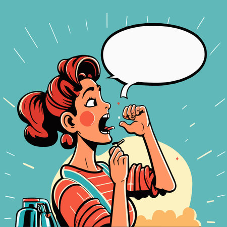 Lady announces and promotes. Pop art retro vector illustration comic cartoon kitsch vintage drawingのイラスト素材