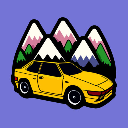 A yellow sports car with mountains in the backgroundのイラスト素材