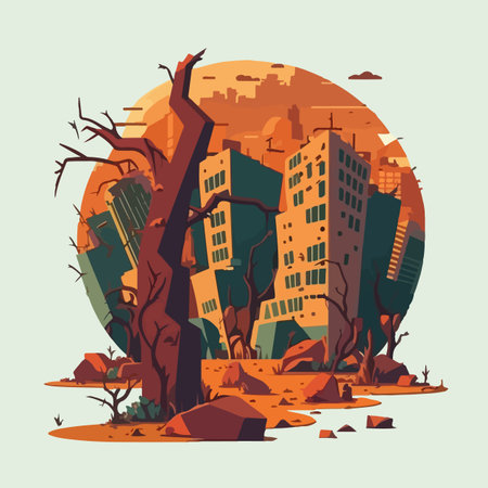 Destroyed city after earthquake or war in flat cartoon style vector illustrationのイラスト素材