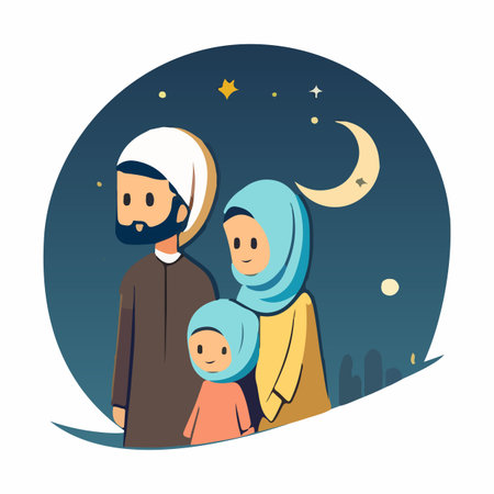 Sticker of Islamic religious symbols and cartoon characters vector illustrationのイラスト素材