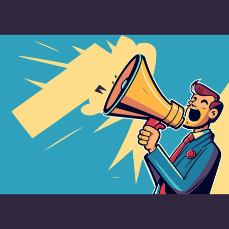 Businessman hand holding a megaphone. Pop art retro vector vintage kitsch illustration drawing