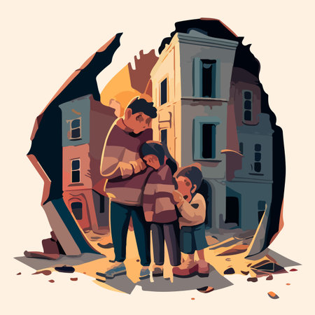 A family under a broken city for earthquake flat-style vector illustrationのイラスト素材