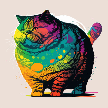Colorful fat cat pop art vector illustration with isolated backgroundのイラスト素材
