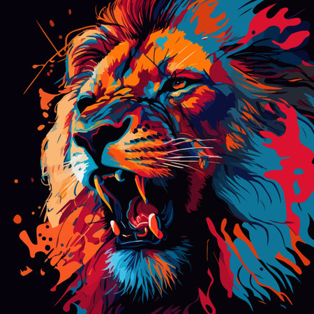 Colorful angry lion pop art vector illustration with isolated backgroundのイラスト素材