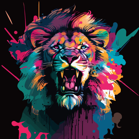 Colorful angry lion pop art vector illustration with isolated backgroundのイラスト素材