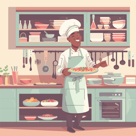 A beaming chef with a playful expression flat vector illustrationのイラスト素材