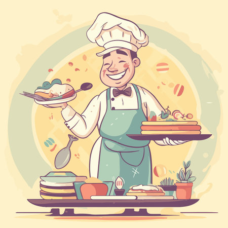 A beaming chef with a playful expression flat vector illustrationのイラスト素材