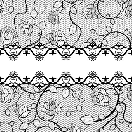 Black lace seamless pattern with roses. Vector vintage illustrationのイラスト素材