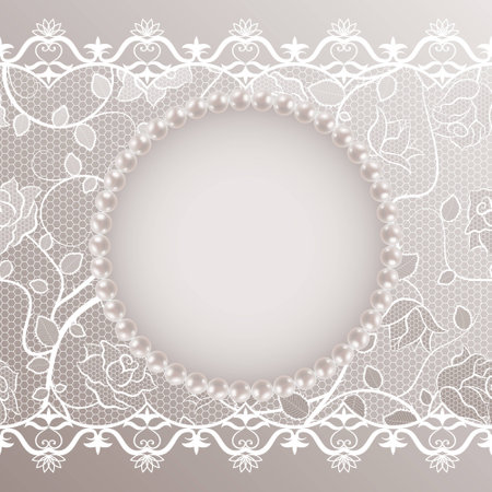 Template for wedding greeting or invitation card with lace and pearl frame. Vector illustration. EPS10のイラスト素材
