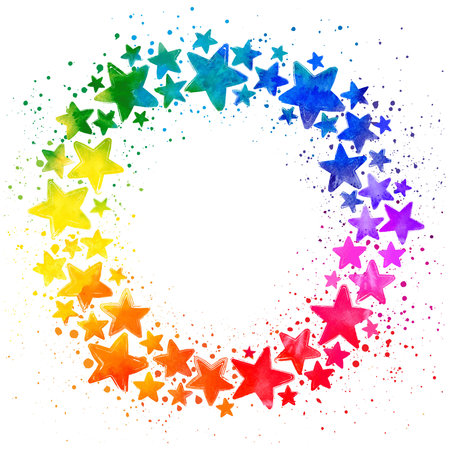Circle composition with hand drawn watercolor colorful stars and place for the text in the middle on white backgroundのイラスト素材
