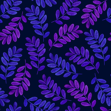 Floral seamless pattern with purple leaves on dark background. Romantic background. Organic vector ornament. Watercolor graphic which can be used as wallpaperのイラスト素材