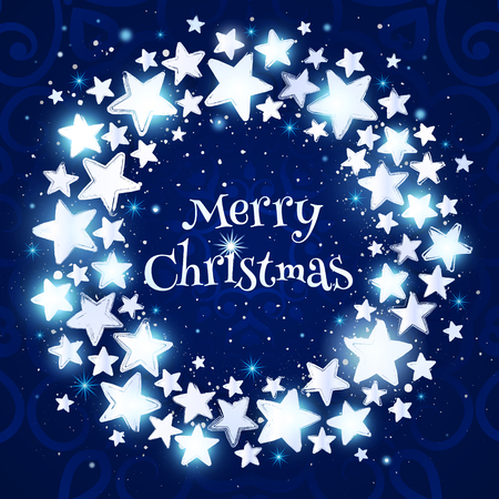 Christmas wreath on blue background. Circle composition with shining stars. Merry Christmas greeting card. Vector illustrationのイラスト素材