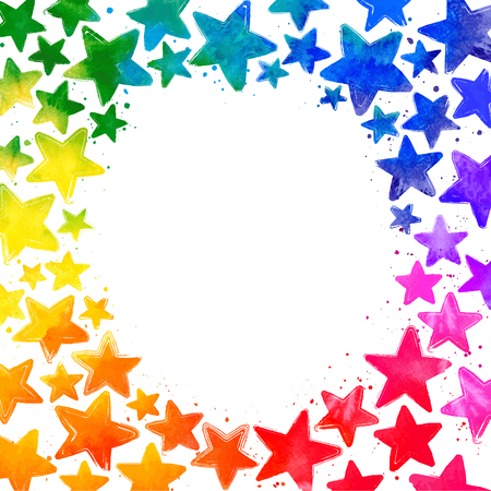 Frame with hand drawn watercolor colorful stars and place for the text in the middle on white backgroundのイラスト素材