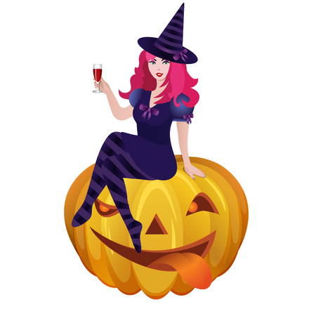 Halloween witch. Illustration of Halloween sitting on pumpkinのイラスト素材