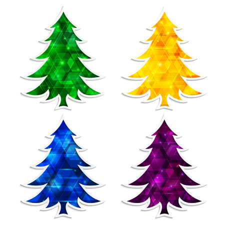 Colorful and glowing Christmas trees isolated on white background. Design elements for holiday cards. Vector illustration. EPS 10のイラスト素材