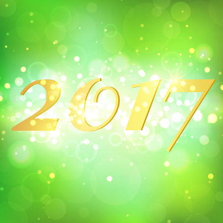 Happy New Year 2017 on green bokeh abstract background. Elegant layout desing with magic glitter sparkles. Greeting card with blurred backdrop. Vector illustration. EPS10のイラスト素材
