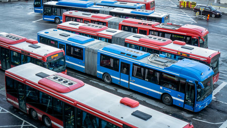 Stockholm, Sweden - October 2016: Red buses parked at Slussen in central Stockholm, shown on October 04, 2013 in Stockholm.のeditorial素材