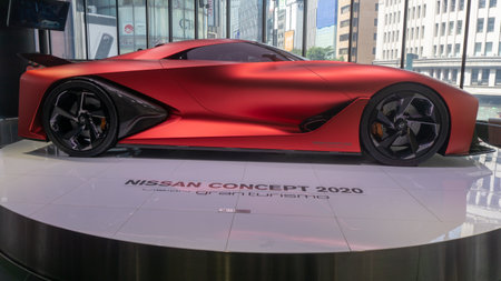 Tokyo, Japan - August 2018: Side view of the Nissan Concept 2020 Vision Gran Turismo car on display...