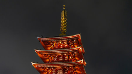 Tokyo, Japan - August 2018: Beautiful Pagoda at Sensoji Asakusa Kannon Temple at nightのeditorial素材