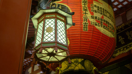 Tokyo, Japan - August 2018: Close up of a lantern at Sensoji Asakusa Kannon Temple at nightのeditorial素材
